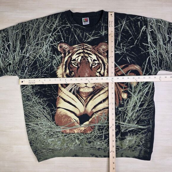 Vintage Fruit Of The Loom Sweatshirt Mens 2XL Tiger Graphic Crewneck AOP Grass - Picture 6 of 9
